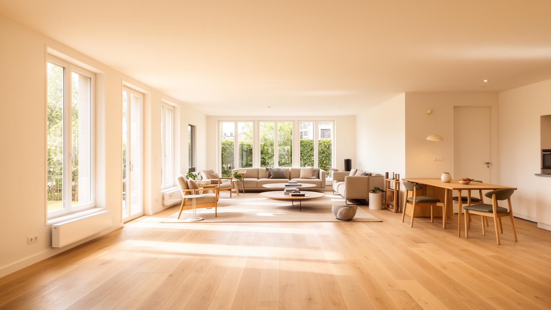 Lichte, gerenoveerde woonkamer met open keuken